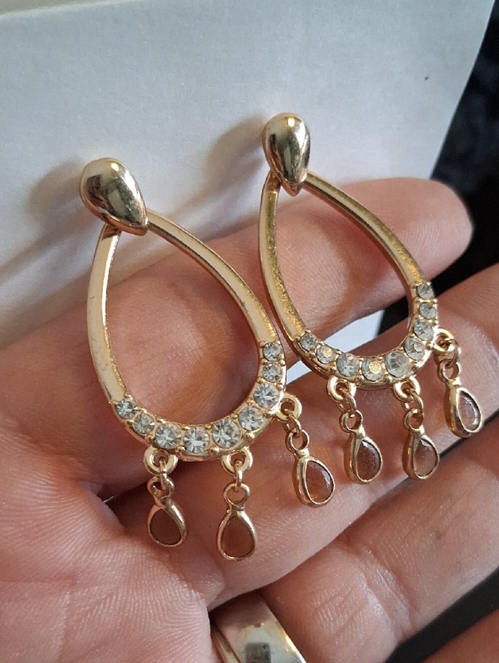 Monet Gold Teardrop Dangle Earrings with Clear Crystals - Picture 4 of 6